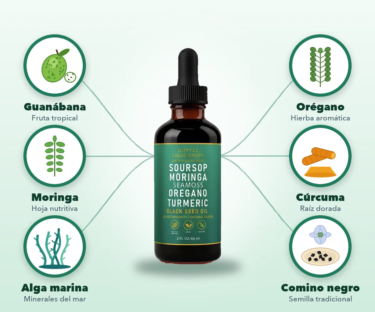 Los 6 ingredientes de QIZFYZZ: guanábana, moringa, alga marina, orégano, cúrcuma y comino negro