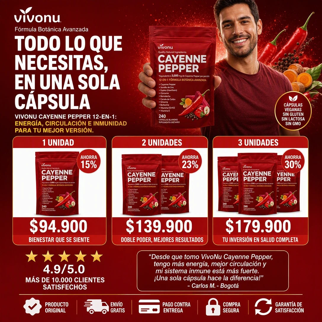 Información visual del suplemento VIVONU Cayenne Pepper